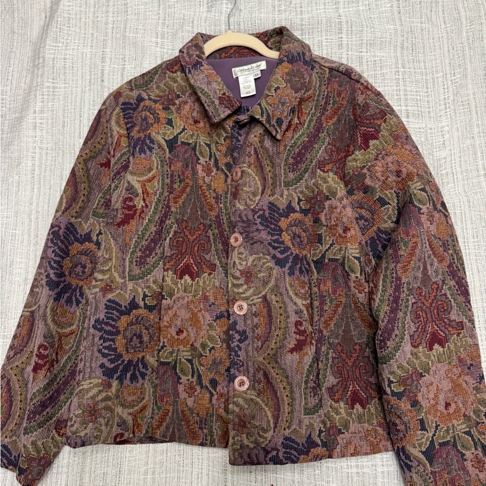 Vintage Coldwater Creek Purple Paisley Tapestry Fall Button Down Jacket Size XL